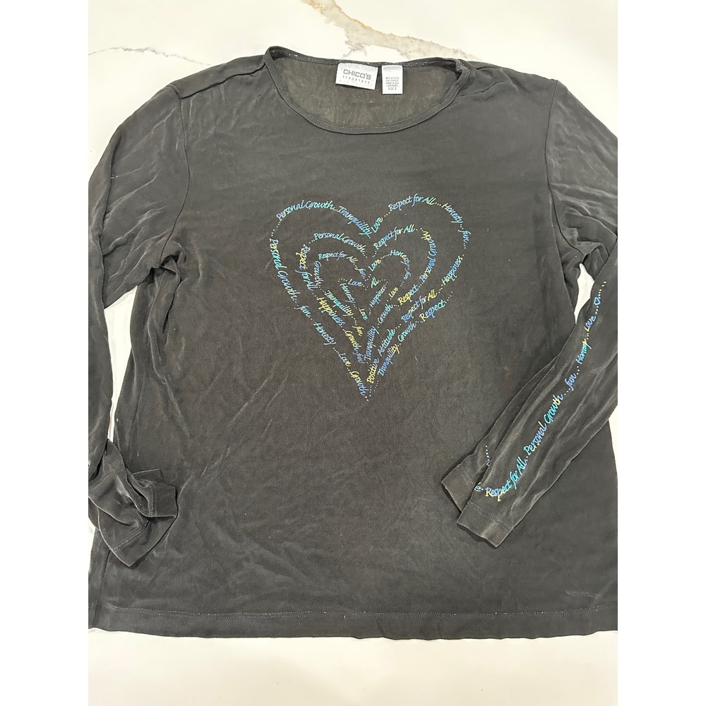 Chico's Travelers Black Long Sleeve Heart Word Graphic Tee Top‎ Size XL 3